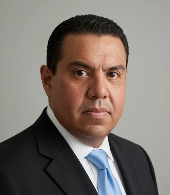 Retrato profesional de Oscar García con traje negro y corbata azul claro